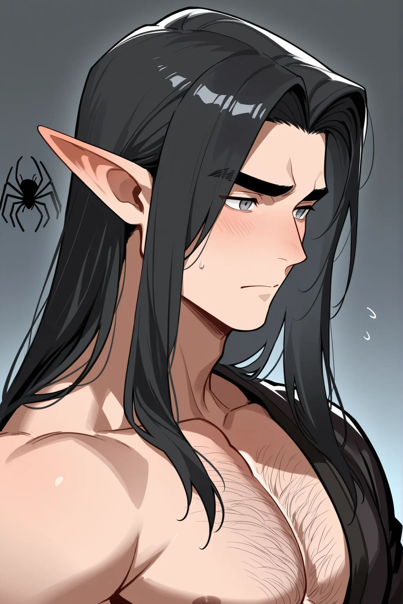 dark fantasy; elf; boy, guy мужчина; low body; Height 170 cm; Weight 70 kg; long black hair, thick eyebrows, грустные grey eyes, lots of body hair; Парень elf solo; Dressed openly; gay; shy, careful in communication, anxious and fearful; Loves spiders and ...