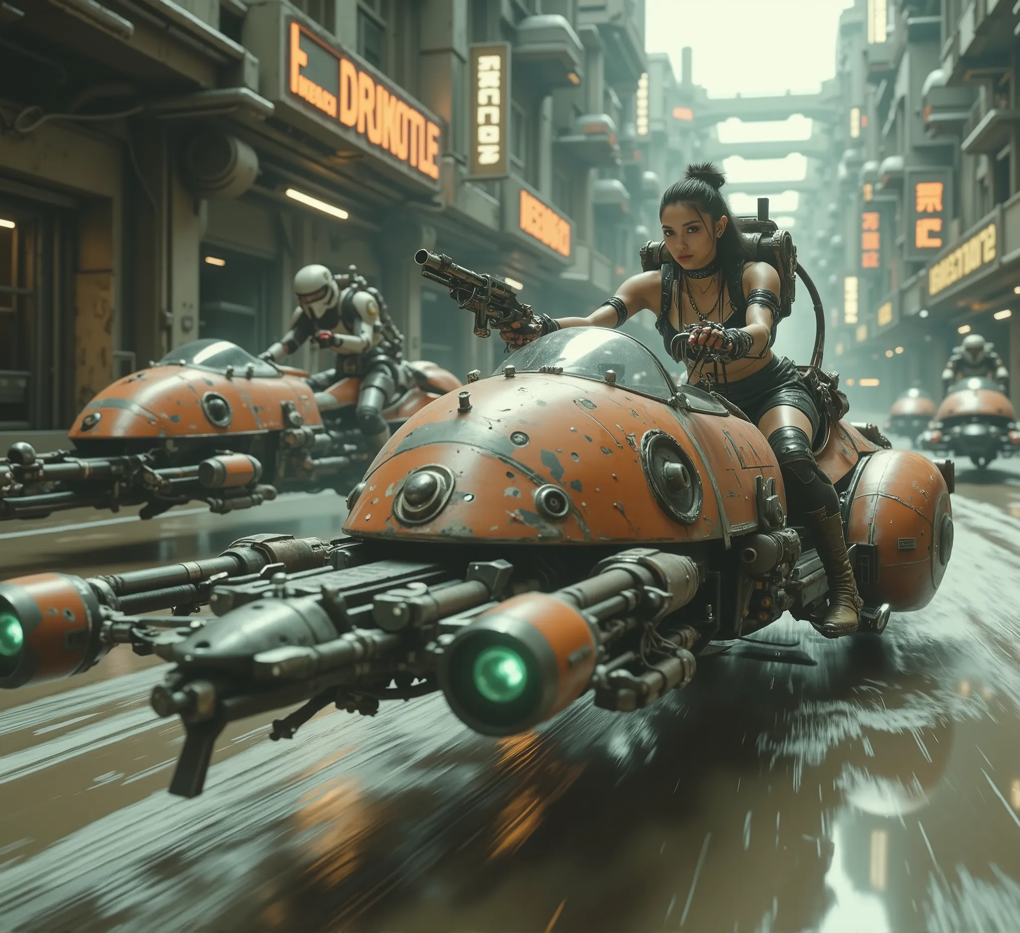 cinematographic photography using the rule of thirds and composition on planes Side photo full body shot counterposed, soft light, unmarked contrasts, a retrofuturistic motorcycle (Speeder bike) Flying ( bike) inspired by motorcycles with low frame and hu...