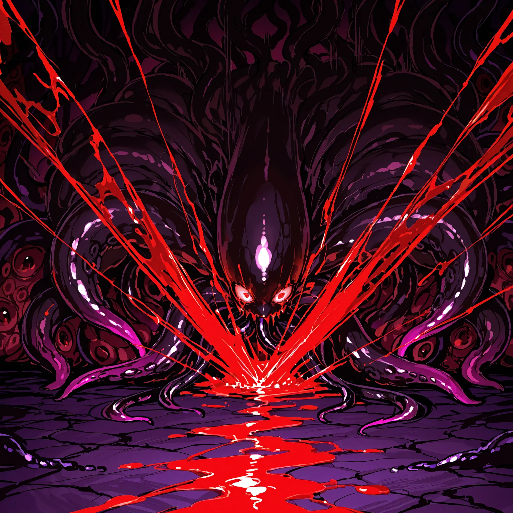 A mass of black tentacles wriggling, background image, darkness, blood, horror,