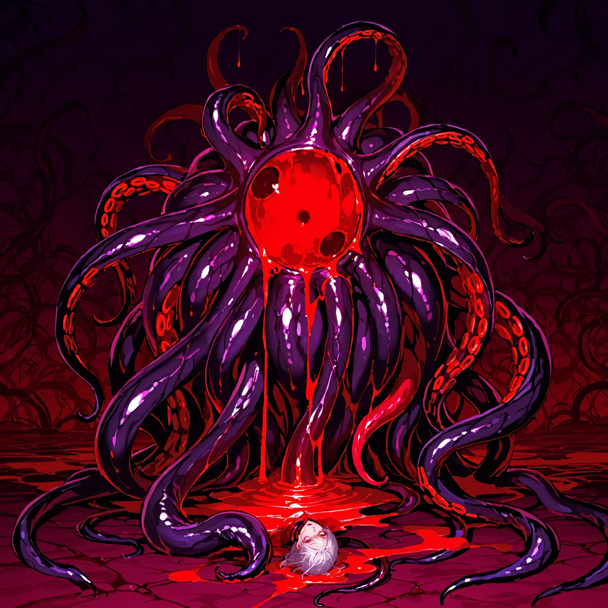 A mass of black tentacles wriggling, background image, darkness, blood, horror,