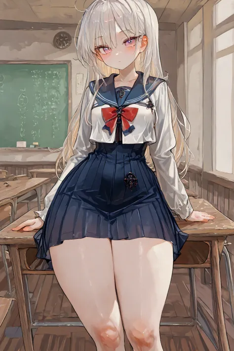 A petite Japanese schoolgirl with a slender, delicate frame sits on a wooden school desk, wearing a fitted navy blue sailor uniform. Her blouse gently contours her modest bust (small but natural for her age), emphasizing her narrow waist. The short pleated...