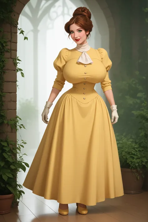 1girl, (Disney Princess Jane Porter is standing:1.3), Jane Porter has dark brown hair tied back in a messy bun, she has green eyes, full red lips, and a subtle smile. She is wearing a yellow gown with a simply designed bodice, Victorian style, turtleneck, ...