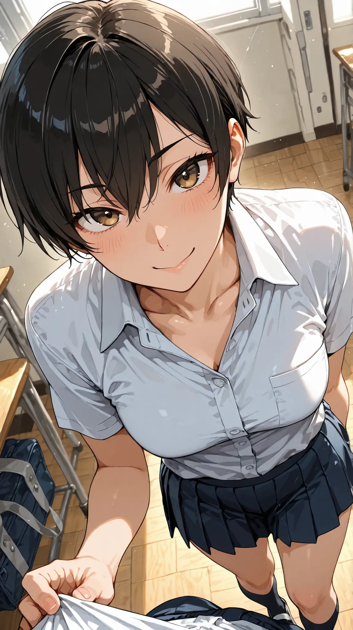 Tomboy, short hair, high school girl, high perspective, upturned look, playful smile, slim
