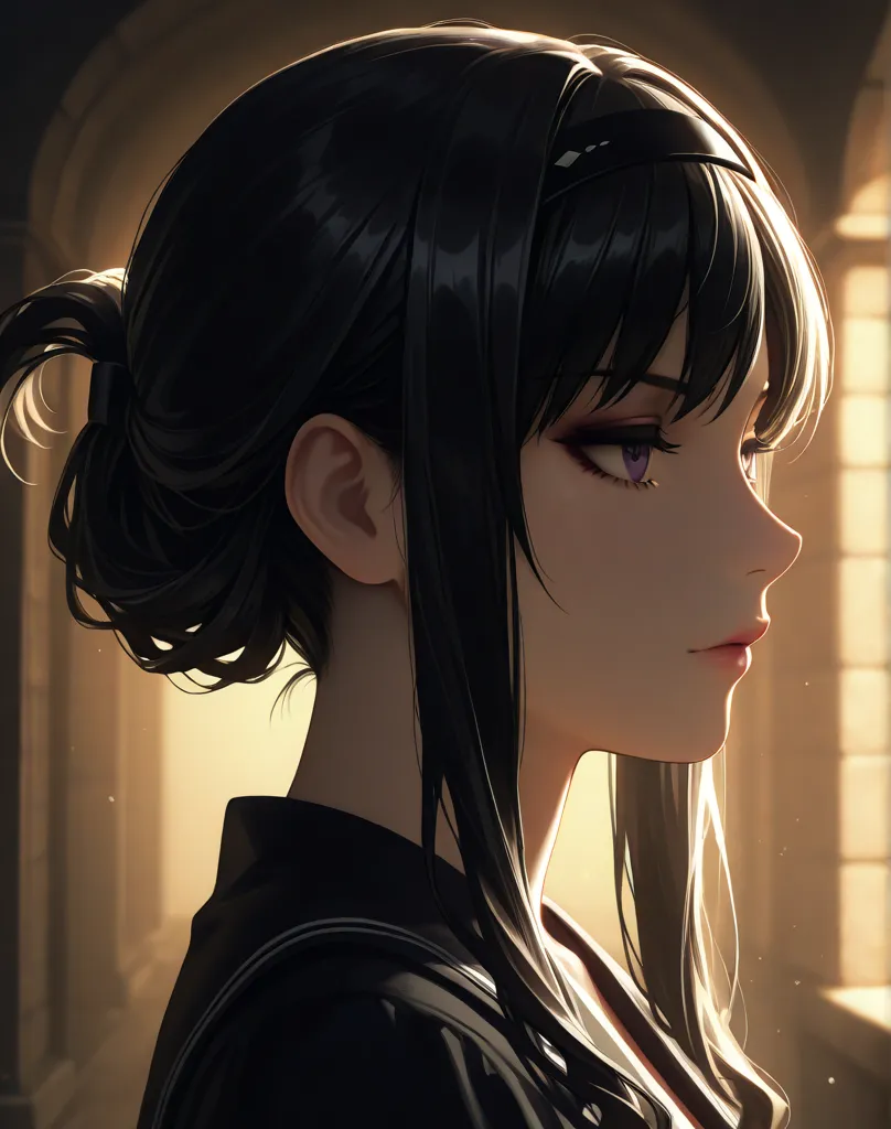 super high resolution, more details, top quality, 4K, cowboy shot, from side, haruka morishima, Twist updo hair, black hair, black hairband, Well-proportion, detailed portrait, semi realistic, cinematic lighting, dramatic pose, calm expression, intricate details, semi realistic skin, lifelike eyes, lush hair, beautiful black hairband, natural makeup, chiaroscuro lighting, moody atmosphere, dramatic shadows, wide angle lens, premium quality, master-level illustration