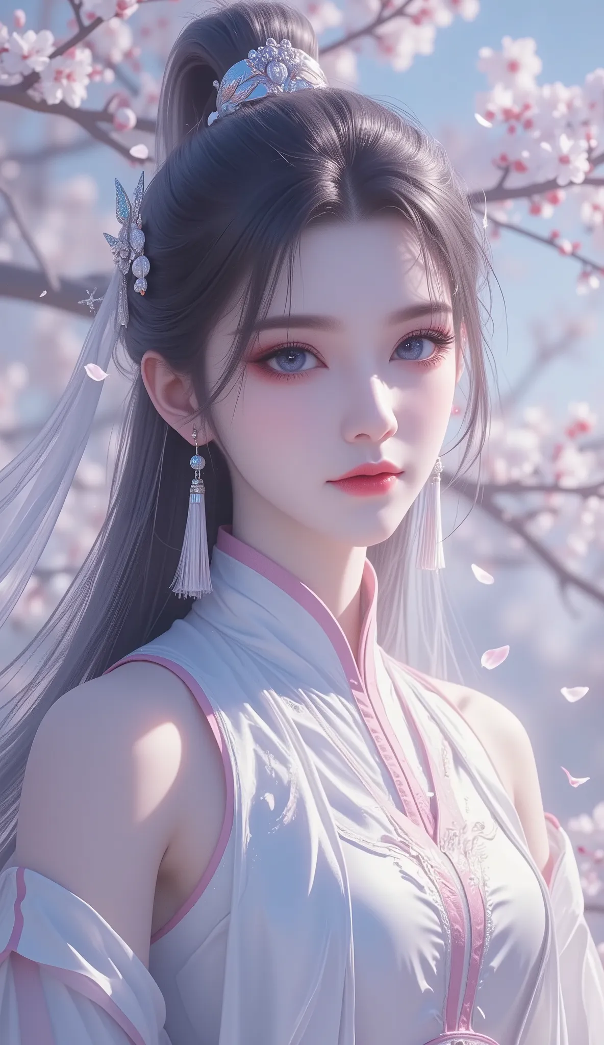 Chinese Fairy Tales character, extremely details, high detailed face, mature woman, milf, extremely busty, cool beauty, living expressions, (cold gaze, cold eyes, blue eyes), expressionless, (silver hair), highlight, high ponytail, parted bangs, dark hair,...