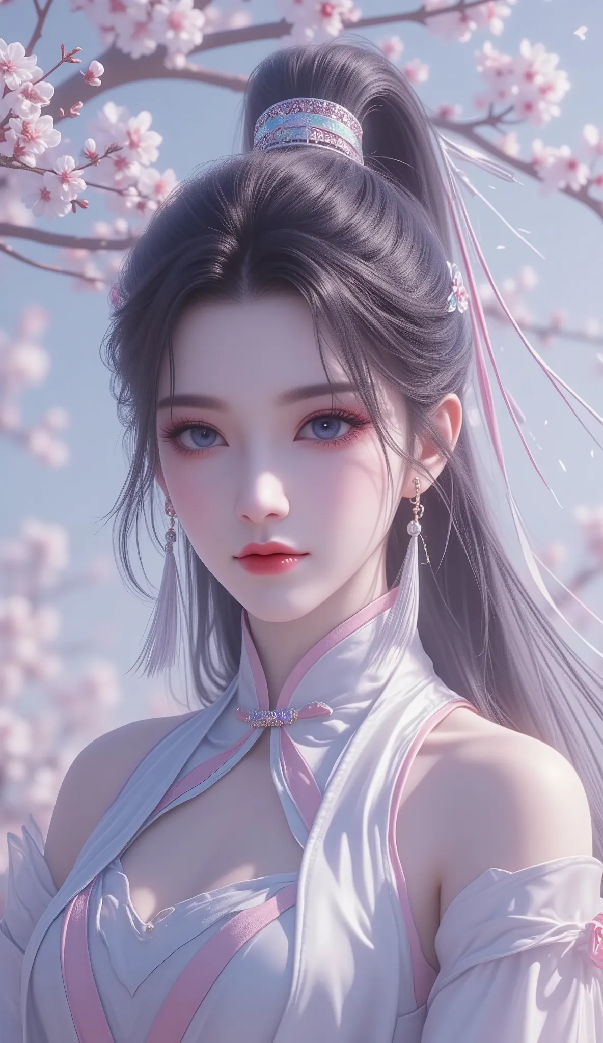 Chinese Fairy Tales character, extremely details, high detailed face, mature woman, milf, extremely busty, cool beauty, living expressions, (cold gaze, cold eyes, blue eyes), expressionless, (silver hair), highlight, high ponytail, parted bangs, dark hair,...