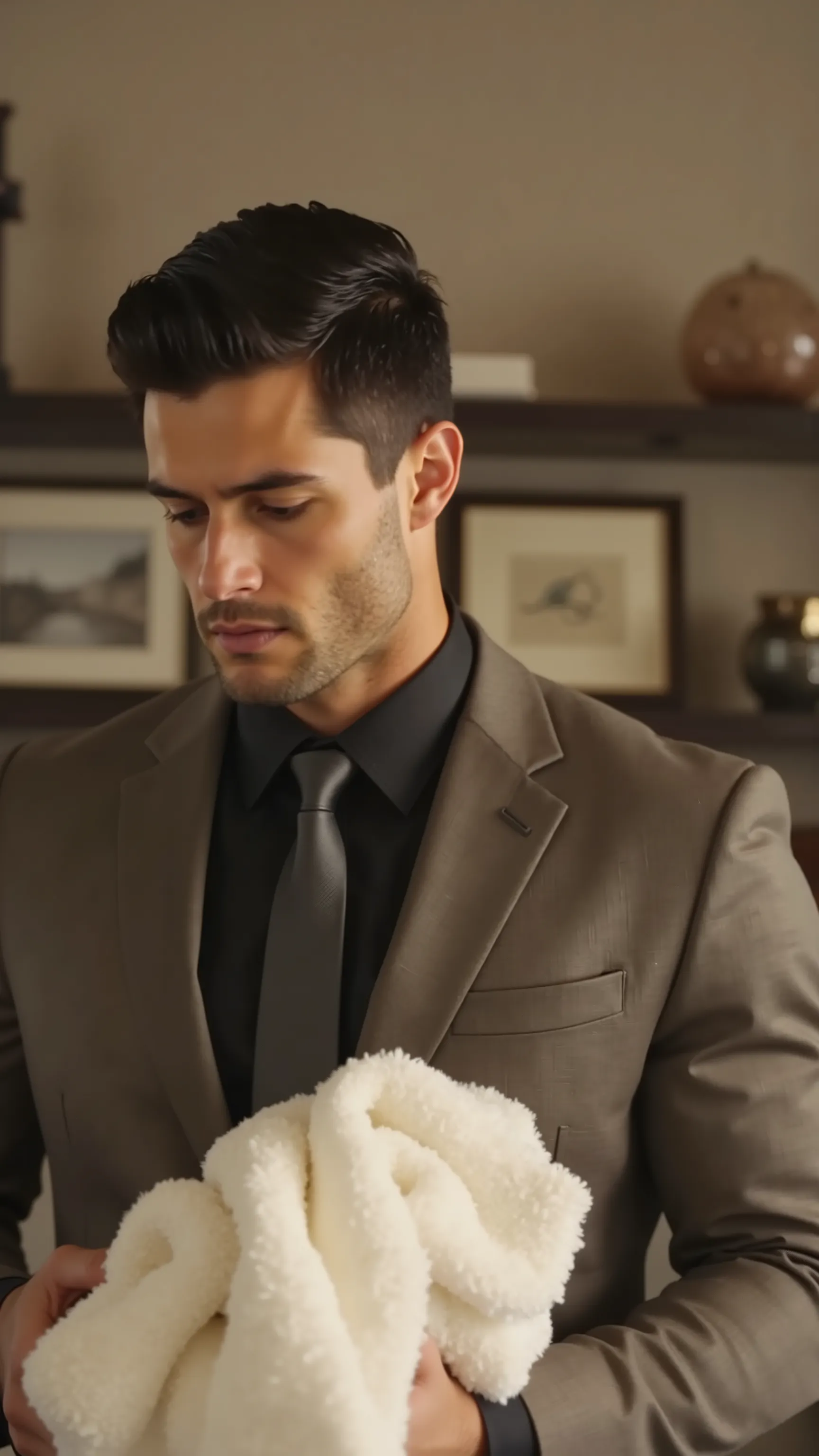 Wes, 28-year-old athletic male with confident posture, black short hair in side-parted pompadour style neatly combed, strong jawline with defined cheekbones, dark thick eyebrows, deep-set brown eyes looking down, short well-groomed stubble beard, wearing f...