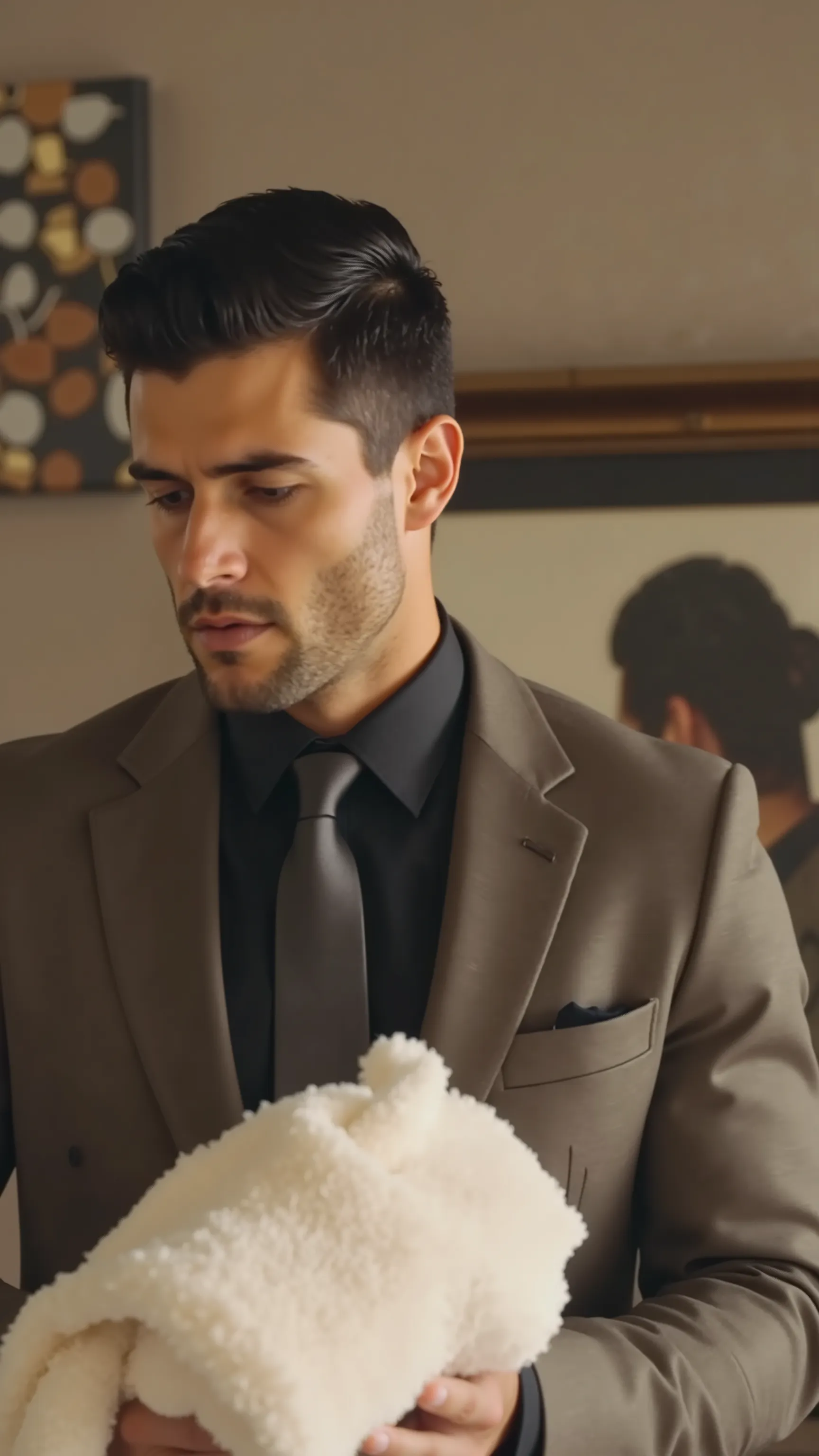 Wes, 28-year-old athletic male with confident posture, black short hair in side-parted pompadour style neatly combed, strong jawline with defined cheekbones, dark thick eyebrows, deep-set brown eyes looking down, short well-groomed stubble beard, wearing f...