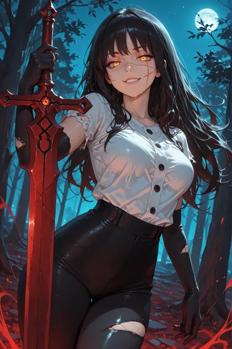 1girl, Yoru , scar on cheek, cross scar, long hair, black hair, yellow/red eyes, ringed eyes, seductive look, ironic smile, sweat, looking at viewer, white shirt, medium breasts, torn sleeves, elbow-length gloves, black gloves, tight black pants, holding a...