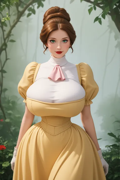 1girl, (Disney Princess Jane Porter is standing:1.3), Jane Porter has dark brown hair tied back in a messy bun, she has green eyes, full red lips, and a subtle smile. She is wearing a yellow gown with a simply designed bodice, Victorian style, turtleneck, ...