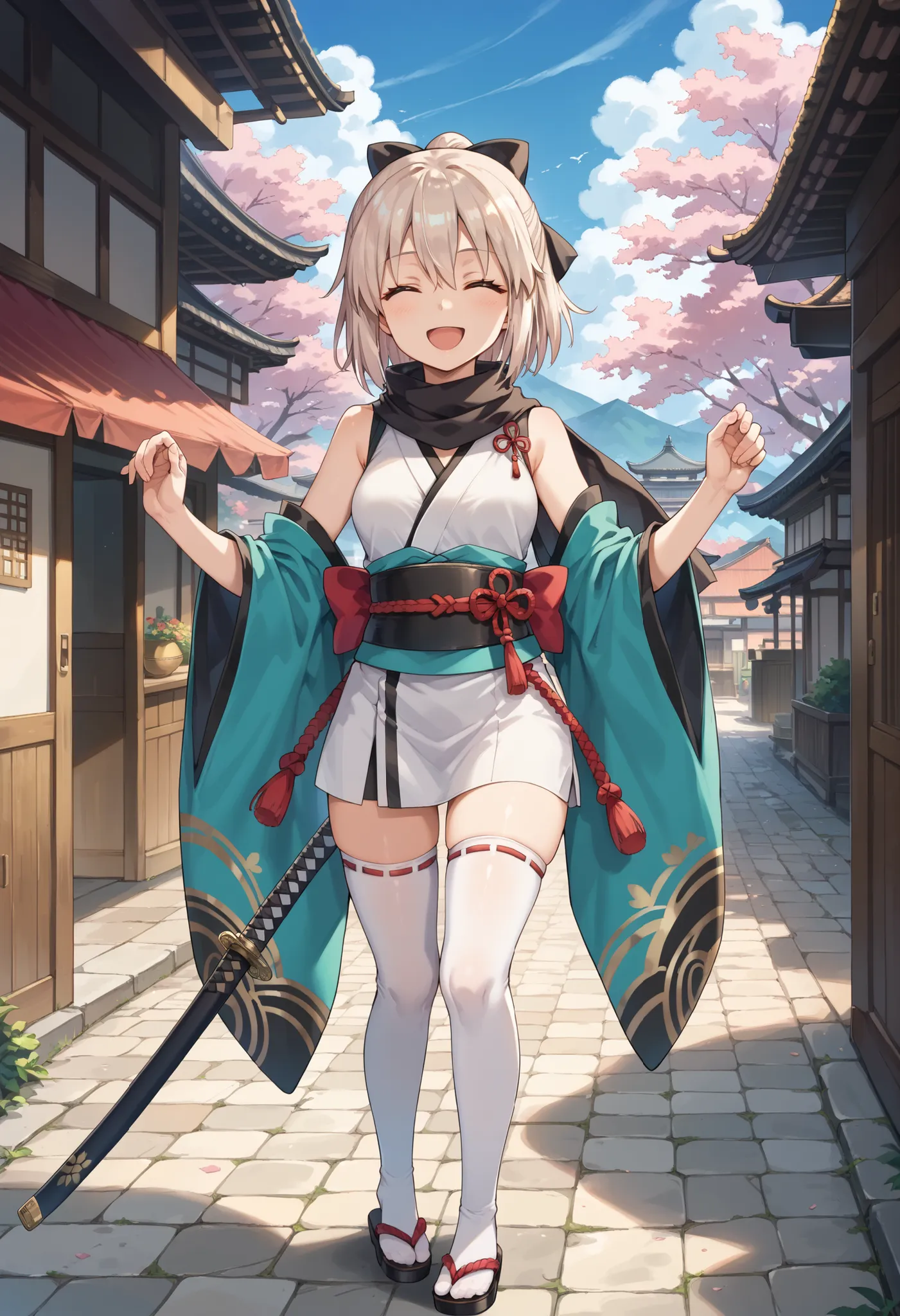  cute face, perfect face, perfect hands, 1teen_girl,okita souji \(FGO\), okita souji \(fate\), white_pink_ponytail,black_bow,sleeveless_white_short_kimono,
 smile,happy,gold_eyes, thigh-highs, (straw_sandals:0.6),medium_breasts,  ,town_background,black_lon...