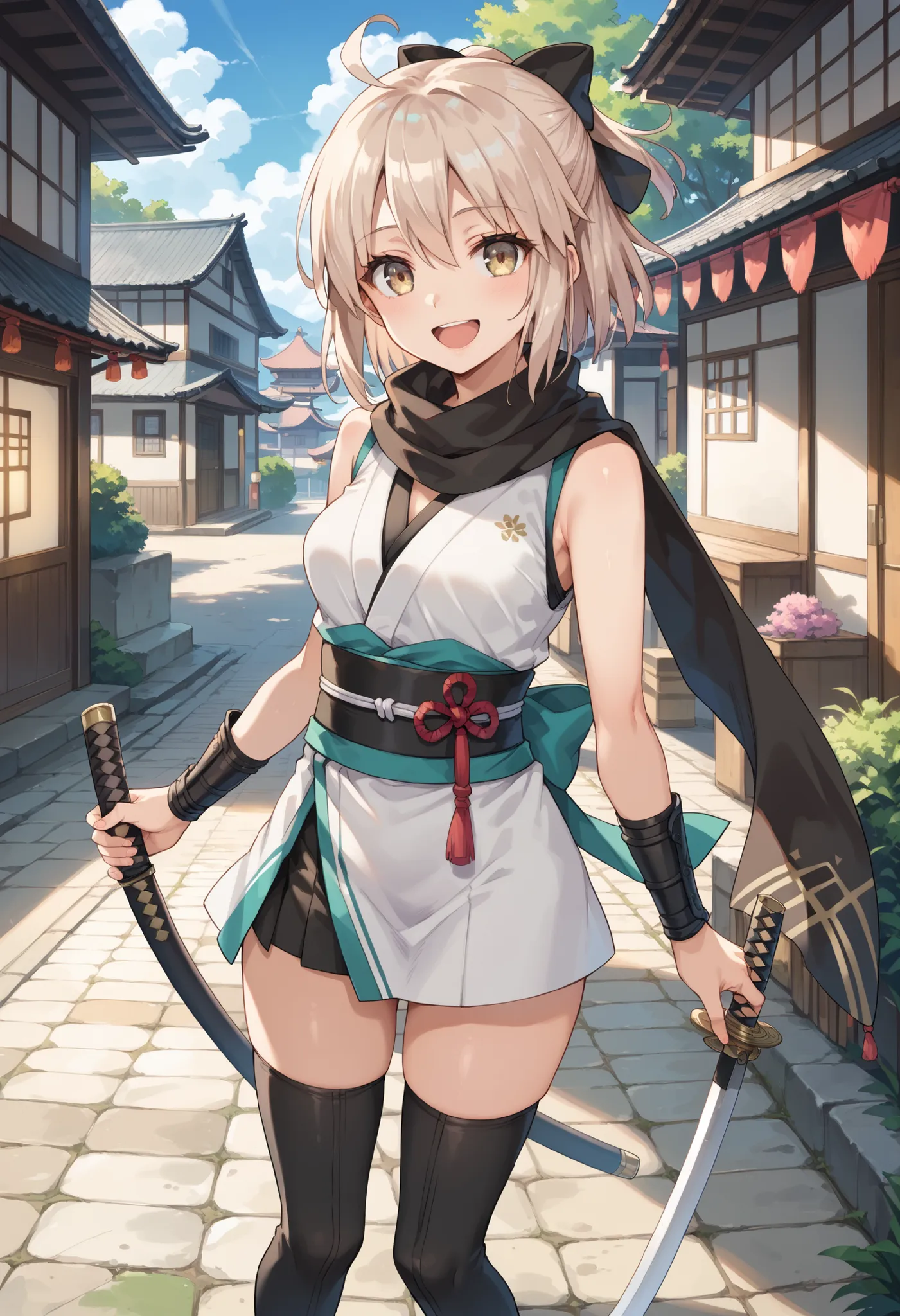  cute face, perfect face, perfect hands, 1teen_girl,okita souji \(FGO\), okita souji \(fate\), white_pink_ponytail,black_bow,sleeveless_white_short_kimono,
 smile,happy,gold_eyes, thigh-highs, (straw_sandals:0.6),medium_breasts,  ,town_background,black_lon...
