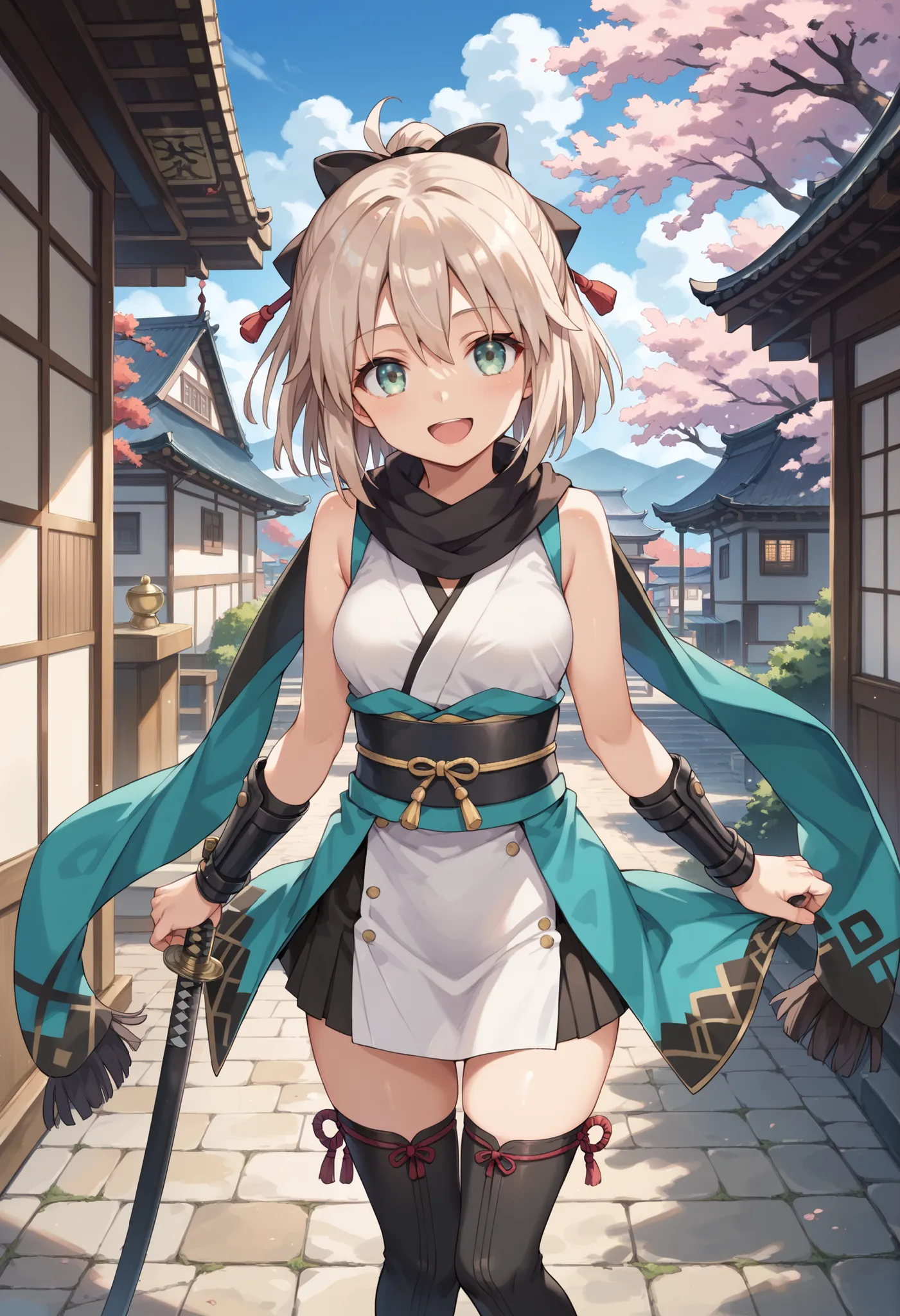  cute face, perfect face, perfect hands, 1teen_girl,okita souji \(FGO\), okita souji \(fate\), white_pink_ponytail,black_bow,sleeveless_white_short_kimono,
 smile,happy,gold_eyes, thigh-highs, (straw_sandals:0.6),medium_breasts,  ,town_background,black_lon...