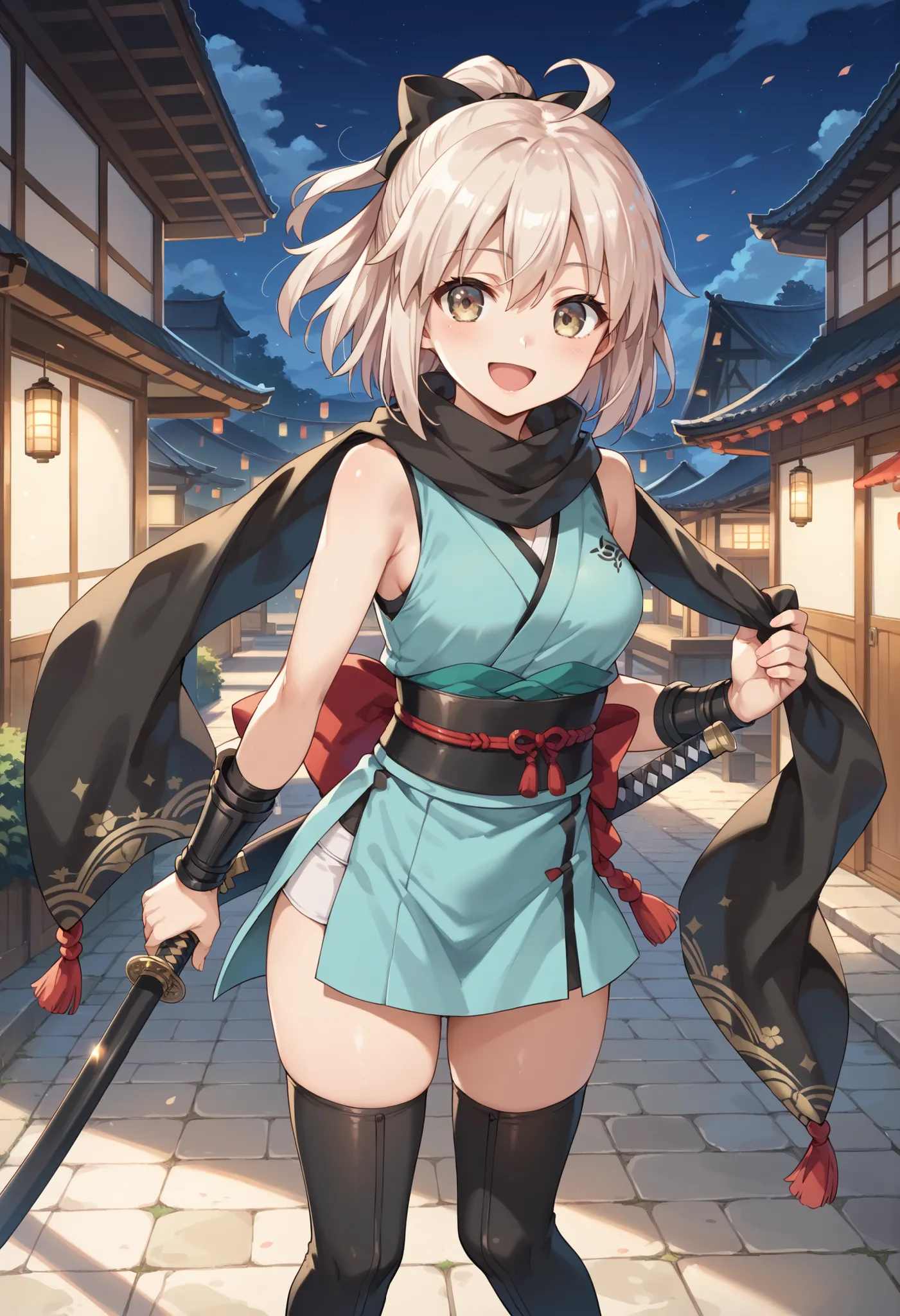  cute face, perfect face, perfect hands, 1teen_girl,okita souji \(FGO\), okita souji \(fate\), white_pink_ponytail,black_bow,sleeveless_white_short_kimono,
 smile,happy,gold_eyes, thigh-highs, (straw_sandals:0.6),medium_breasts,  ,town_background,black_lon...