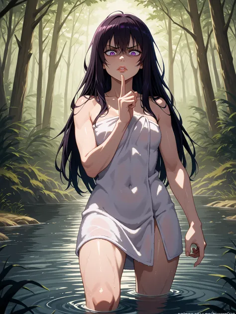 Futanari witch girl with long dark hair, with her purple eyes and a stern look, aggressive facial expression,  lips pursed, is wrapped in a towel and holds a towel with her hand, points a finger, the riverbank in the forest,  knee-deep in water 