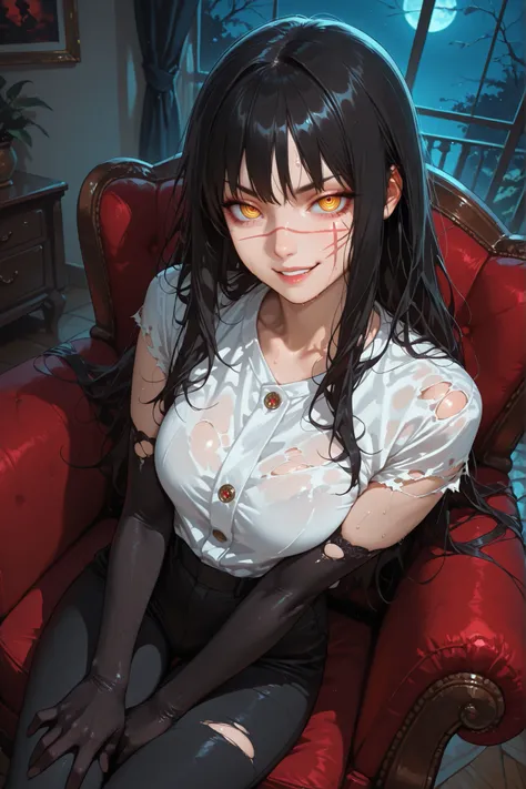 1girl, Yoru, scar on cheek, cross scar, long hair, black hair, yellow/red eyes, ringed eyes, detailed eyes, smirk, sweat, looking at viewer, white shirt, torn sleeves, elbow-length gloves, black gloves, tight black pants, home, in the living room, night, s...