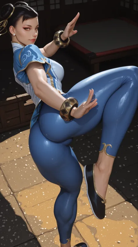 chun li, realistic, beautiful face, eyes looking at viewer, nice ass