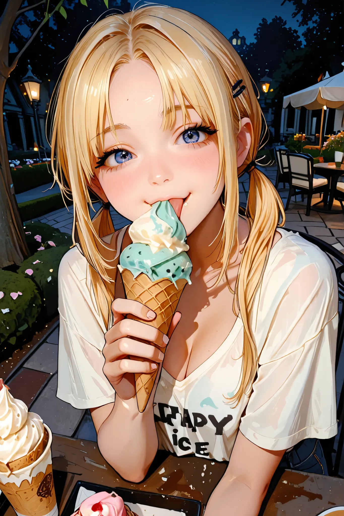 A blonde girl with twin tails is eating an ice cream cone with a happy expression, her bangs are pinned to the side with a hairpin, her forehead is visible, cleavage, loose-fitting shirt, seen from above at an angle, night, cafe in the botanical garden,
