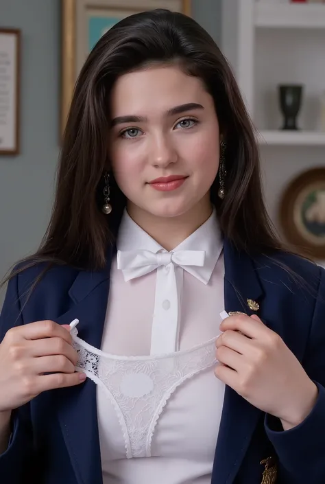(masterpiece, Top quality:1.5), European schoolgirl with pale pink shiny white skin, from the front、１７year-old Jennifer Connelly、sunny indoor、smiles shyly、I'm holding her white lace thong spread out in front of my chest、she is wearing a dark blue blazer wi...