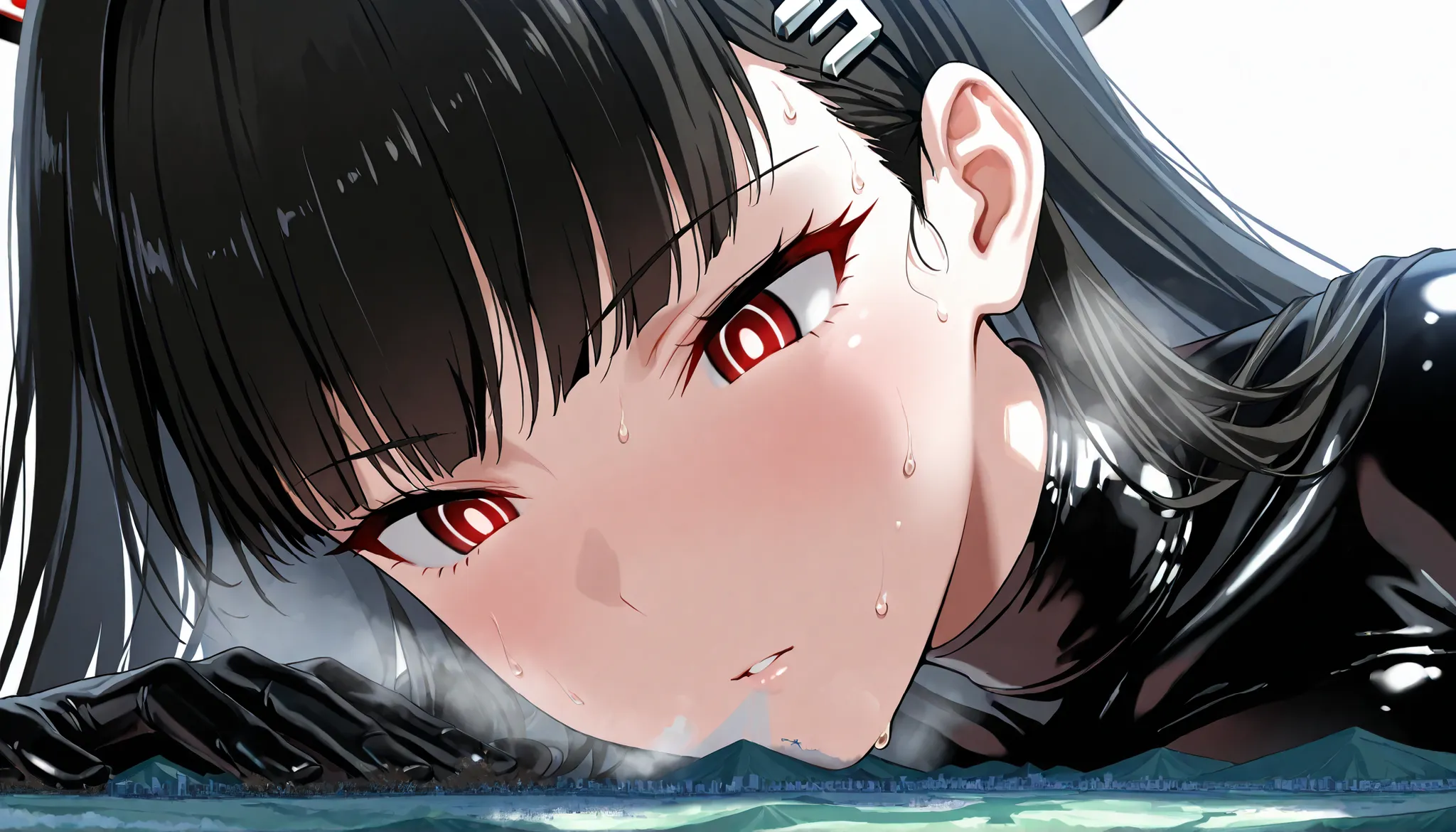 (masterpiece, Highest quality, Ultra-high resolution), 1girl, rio, black hair, red eyes, hair ornament, hairclip, halo, long hair, long hair, (black latex bodysuit), cyber bodysuit, sweat, steamy, glossy skin , shiny skin , glistening skin, Macro, Giantess...