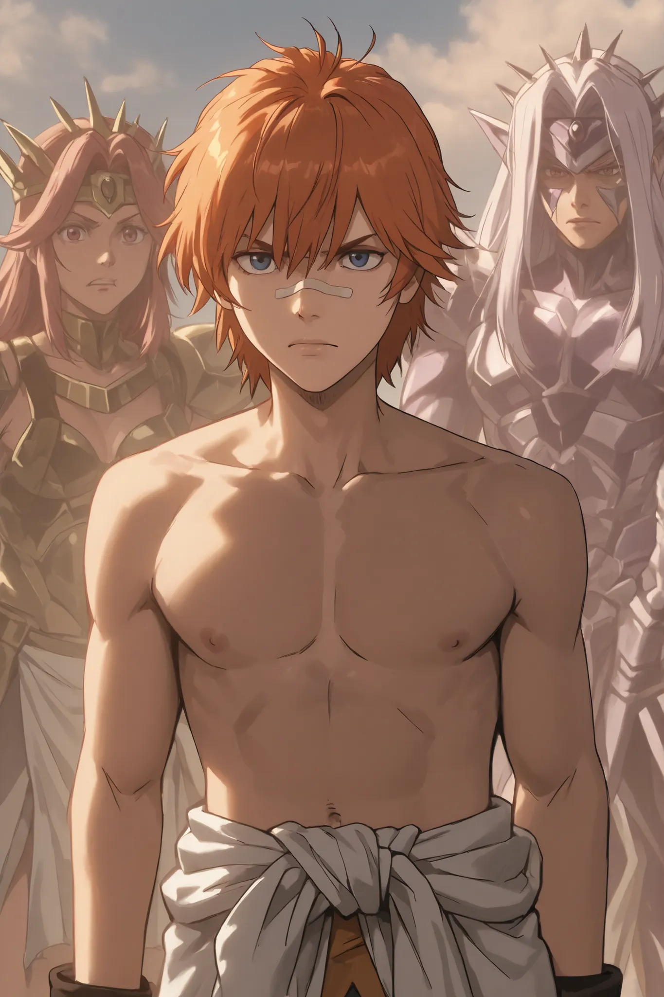 Anime Homem, cabelos marrom, sem roupa, musculoso, corpo definido, tatuagens tribais, long cloth around the waist, photorealistic detailed serious expression, fundo branco