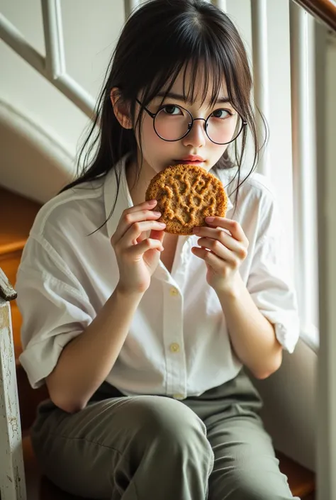 ((Top quality、masterpiece、high sensitivity、high resolution、detailed depiction、delicate facial depiction、Ｆvalue：6.0),((Slender Woman、wearing glasses)), with collarＴshirt、Half chinos、while eating a Häagen-Dazs crispy sandwich、sitting on a stair railing、