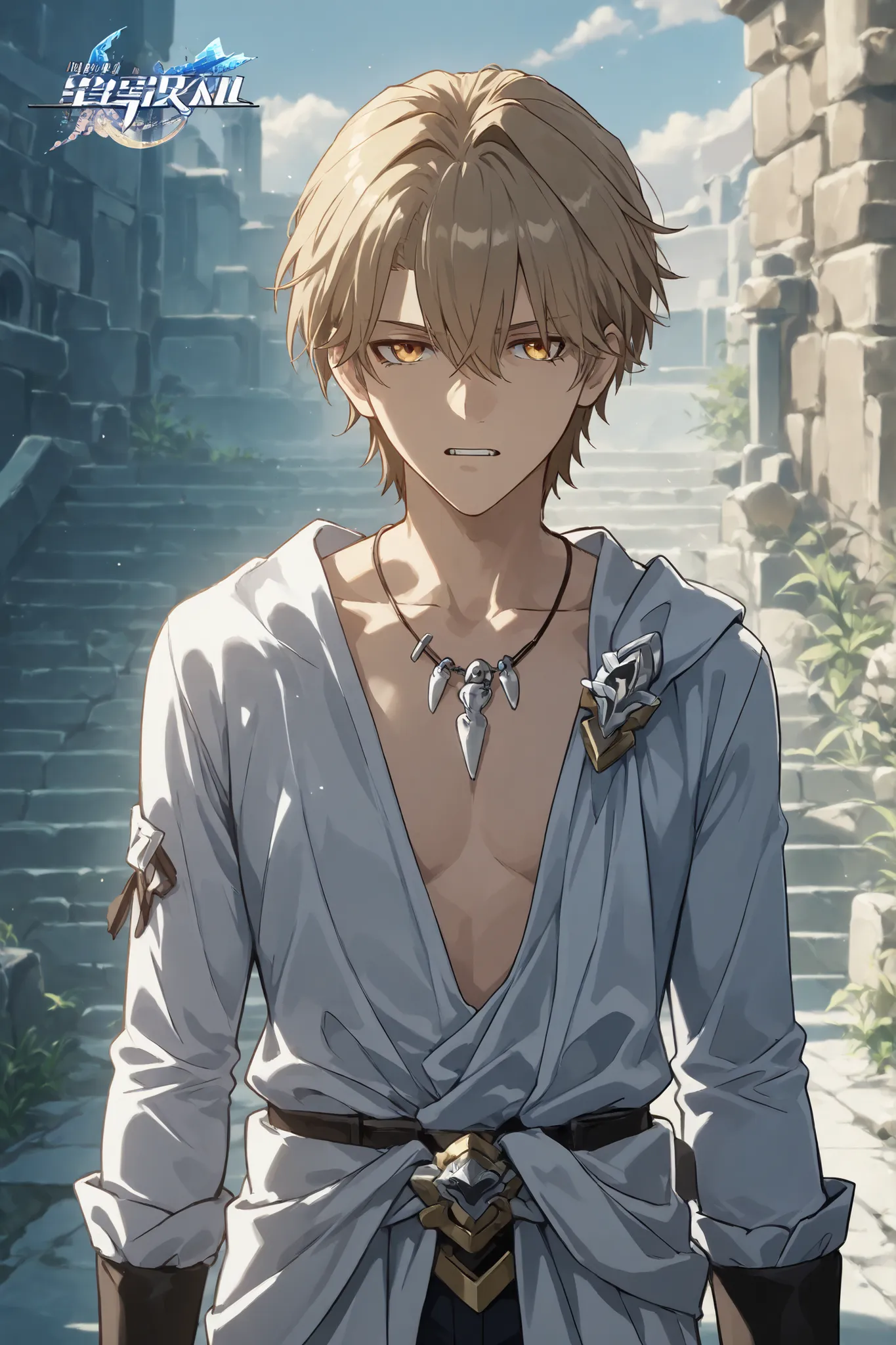 Garoto, short hair small light brown, olhos roxo, pele clara, Cover covering the waist , sem camisa, musculoso, yellow tooth necklace, inspired by Honkai Star Rail 