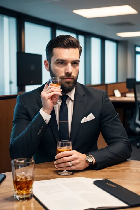 Create a man, working, drinking a glass of whiskey, black hair, white man, his luxury office, man in suit, beard made, gold watch, dark eyes, strong physique, high quality, 4K, 8K