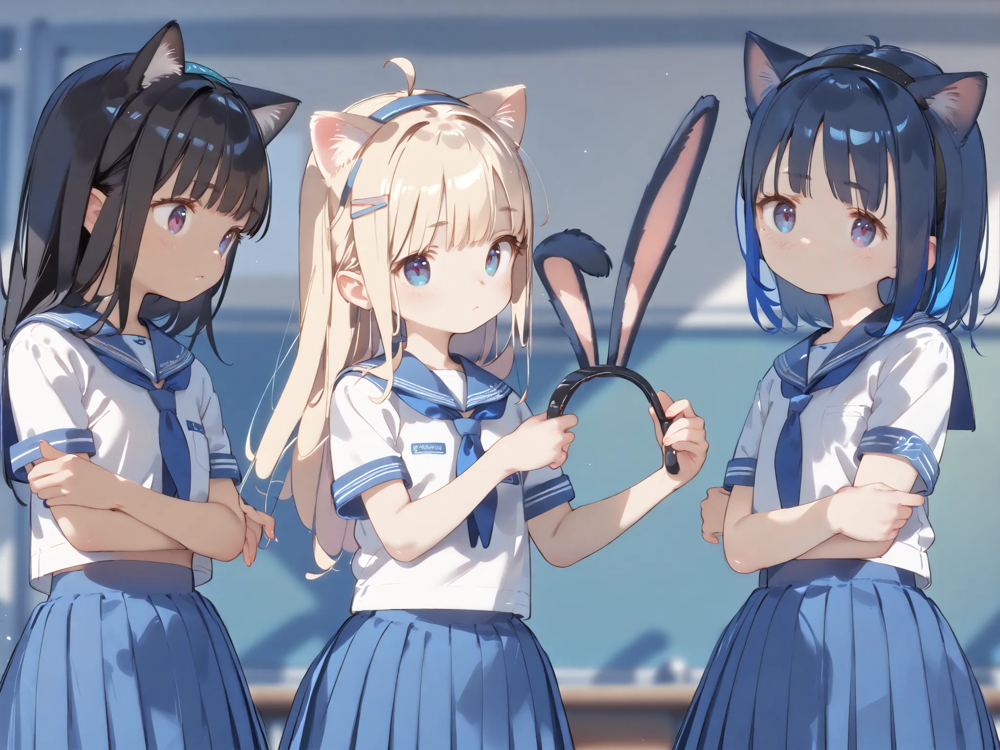 ( masterpiece, high resolution,high quality,high resolution)、High Definition、high quality、8k、4k、3 girls、classroom、Sailor Suit、 lori、 lori体形、young、flat chest、、Cat ears、cat tail、a headband with rabbit ears、Puzzled、Confused expression