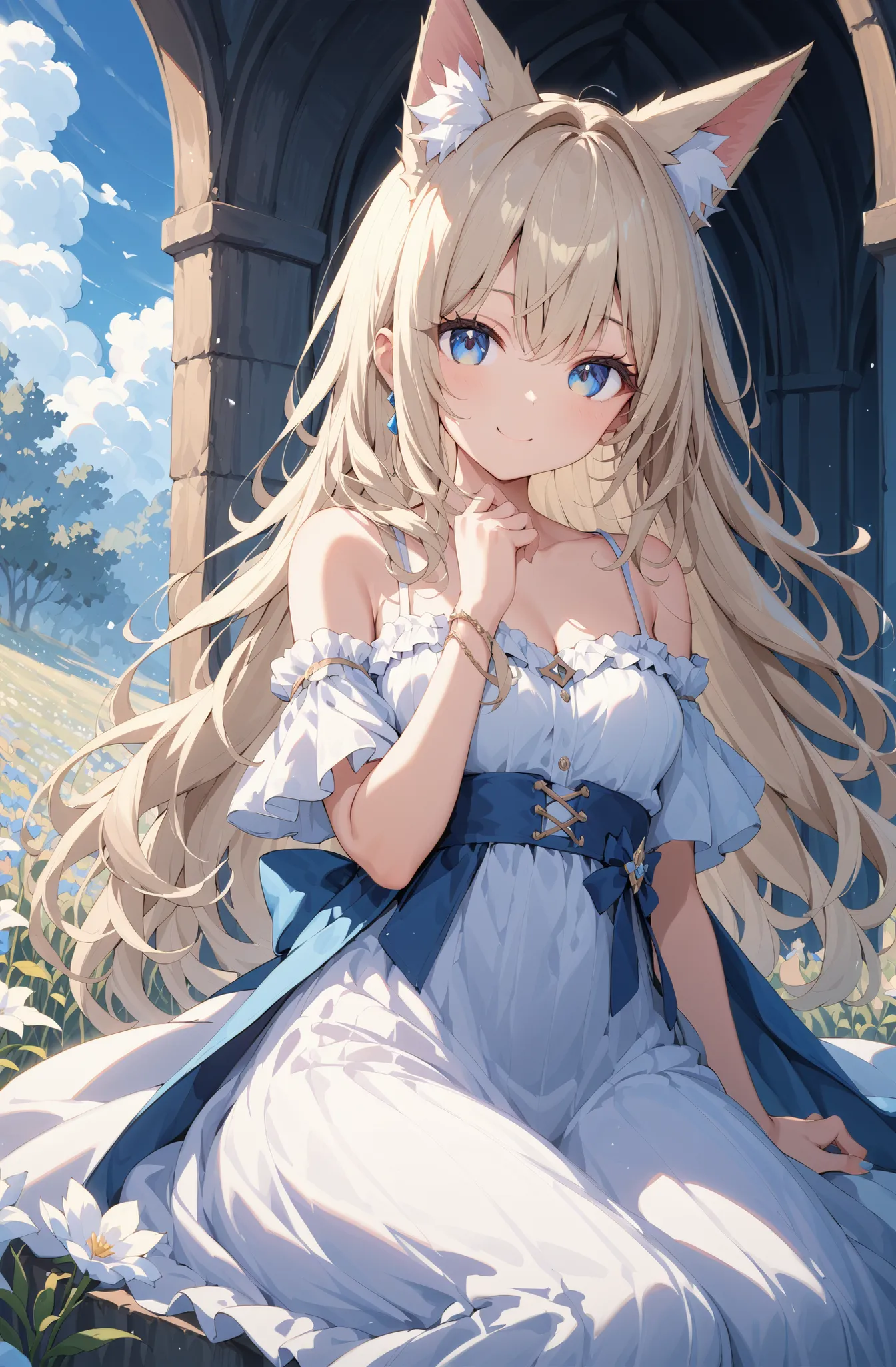 masterpiece、concept art、(very detailed)、 (((masterpiece、Top quality))) 、Girl tarry sky、Moonlight:1.2、Flower field、(fox ear、Off-the-Shoulder、platinum blonde、Long Hair、ruffle skirt)、( A soft smile )