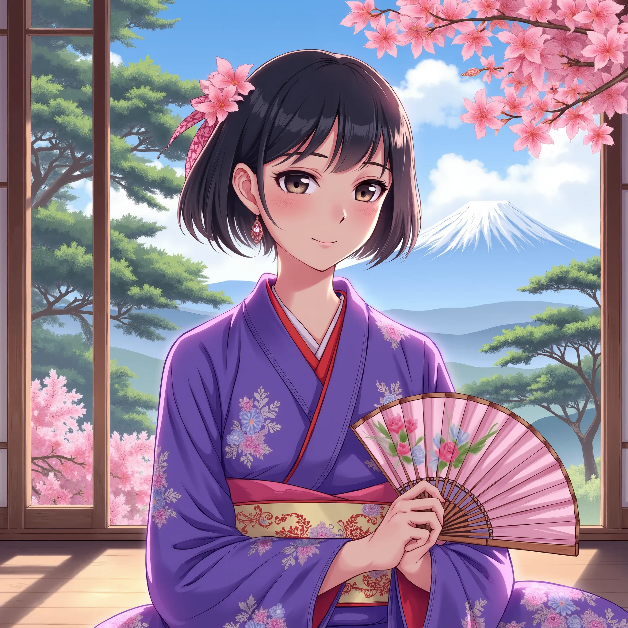 Illustration、Anime、A beautiful fifteen-year-old woman is sitting、Purple Kimono、Japanese Women、Japanese-style room、pine tree、Mt. Fuji、 beautiful flowers 、floral fan、breasts are big、
