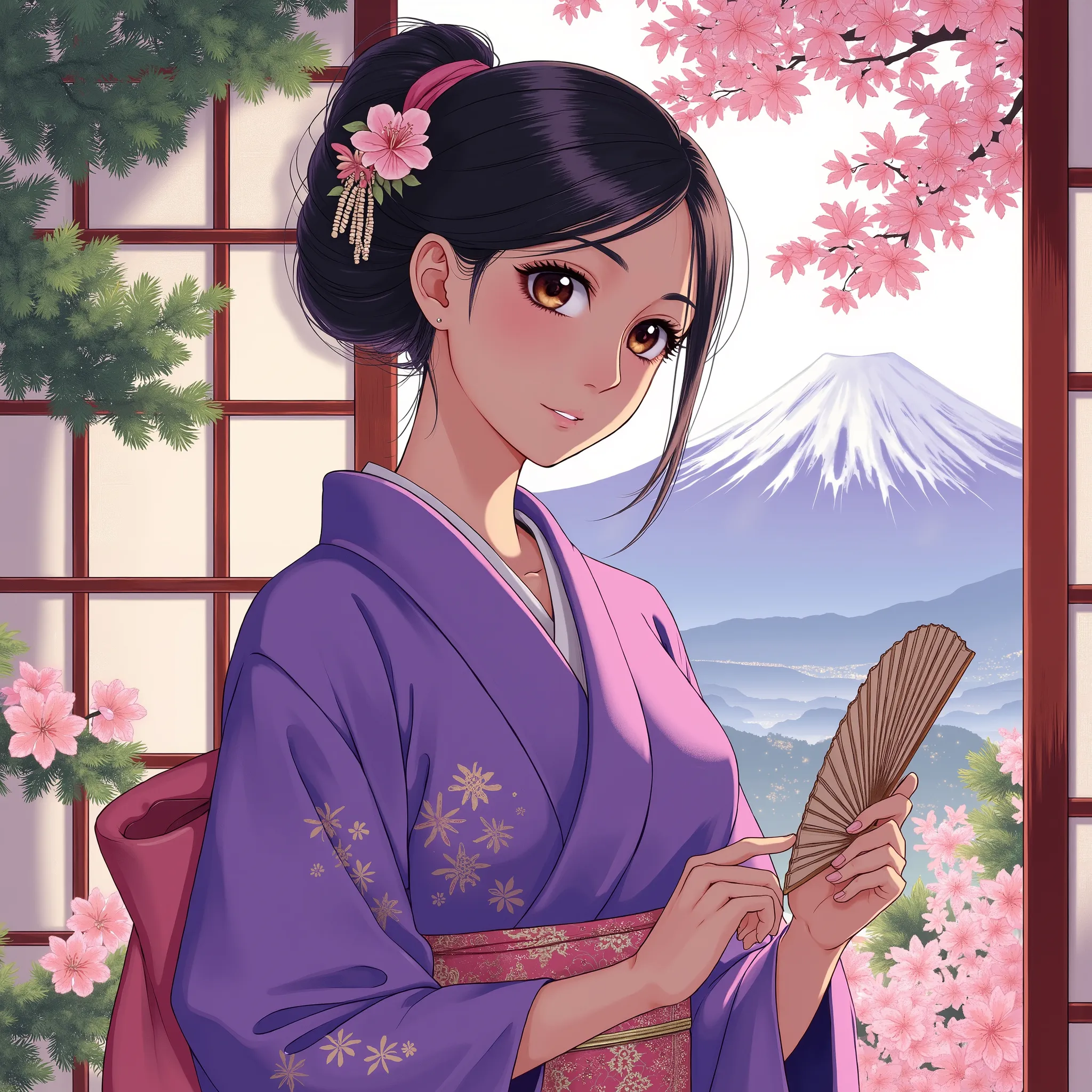 Illustration、Anime、A beautiful fifteen-year-old woman is sitting、Purple Kimono、Japanese Women、Japanese-style room、pine tree、Mt. Fuji、 beautiful flowers 、floral fan、breasts are big、