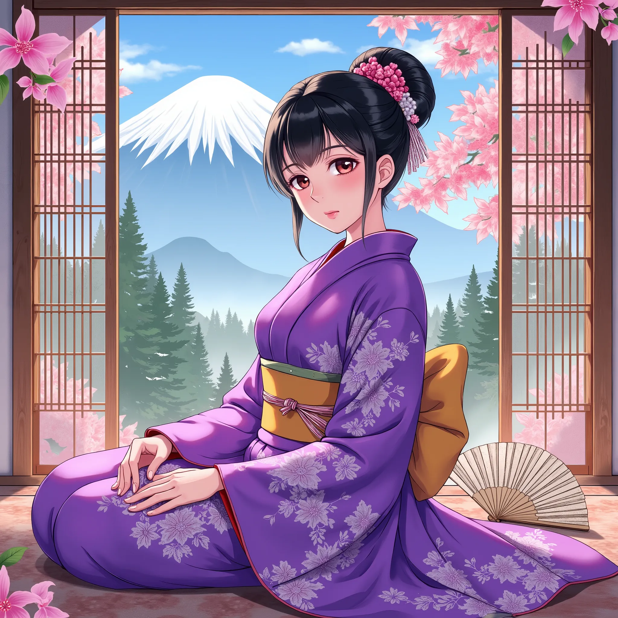 Illustration、Anime、A beautiful fifteen-year-old woman is sitting、Purple Kimono、Japanese Women、Japanese-style room、pine tree、Mt. Fuji、 beautiful flowers 、floral fan、breasts are big、