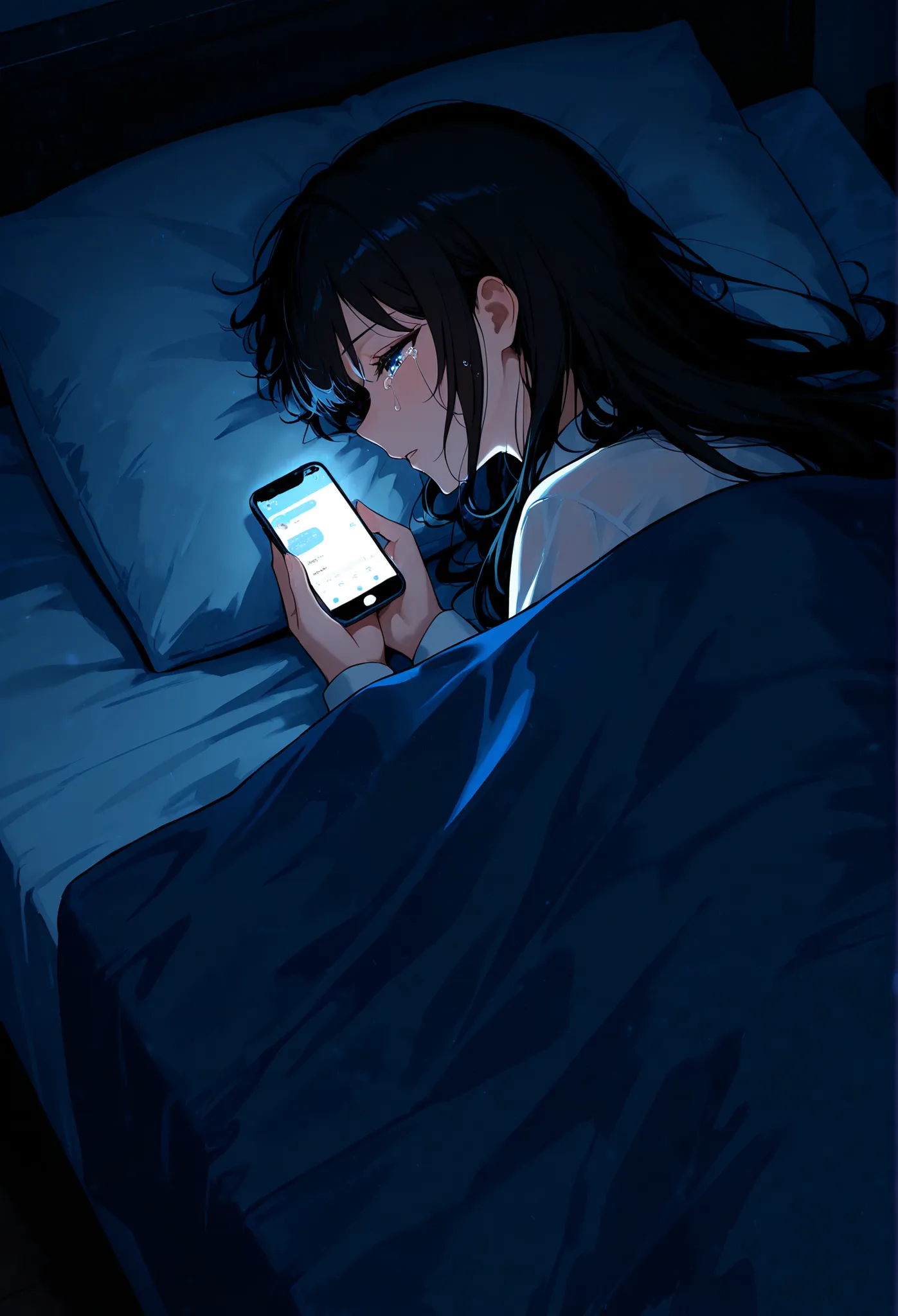 dark room,
	• Lying in bed and holding the phone
 • Girl with long hair shedding tears,
	• The mood where the face is faintly illuminated by the phone light.