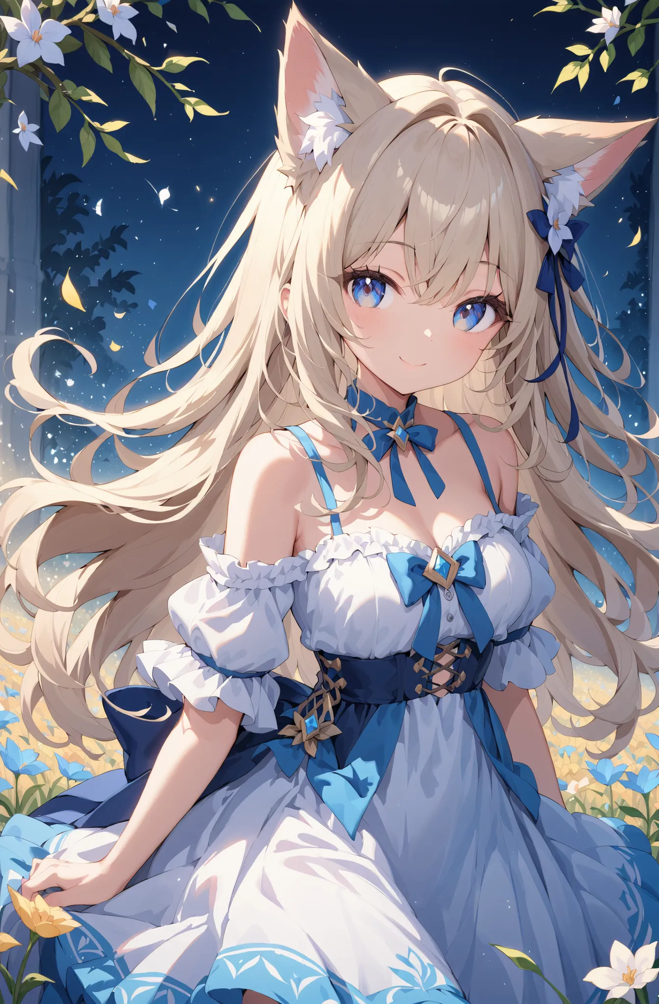 masterpiece、concept art、(very detailed)、 (((masterpiece、Top quality))) 、Girl tarry sky、Moonlight:1.2、Flower field、(fox ear、Off-the-Shoulder、platinum blonde、Long Hair、ruffle skirt)、( A soft smile )