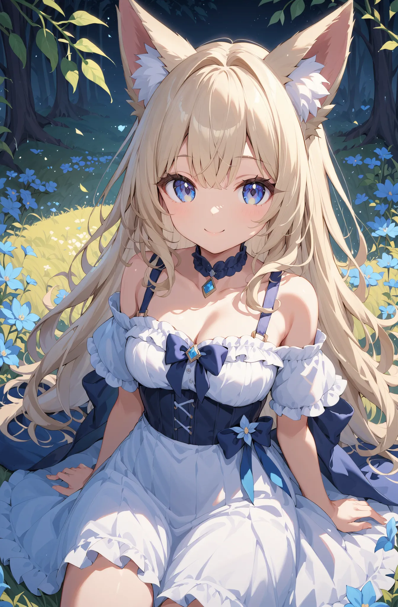 masterpiece、concept art、(very detailed)、 (((masterpiece、Top quality))) 、Girl tarry sky、Moonlight:1.2、Flower field、(fox ear、Off-the-Shoulder、platinum blonde、Long Hair、ruffle skirt)、( A soft smile )