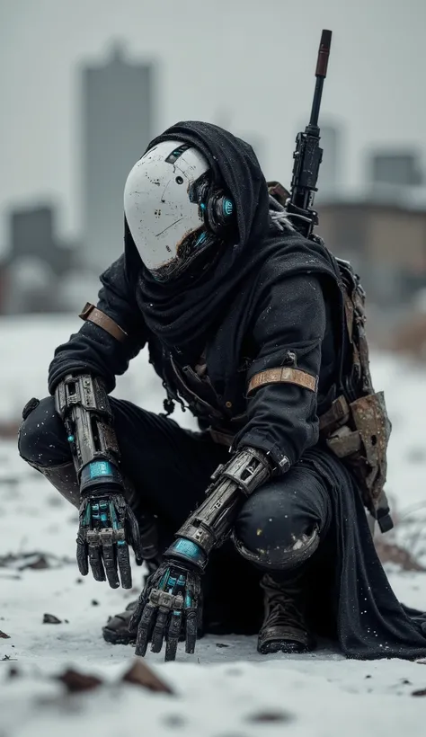 Recypu style, Cyberpunk highly detailed, high-resolution photograph. A futuristic, armored warrior crouching on a gritty,  desolate snow-swept plain. The subject's head is covered by a sleek, metallic  plain helmet  that obscures the face, giving an ominou...