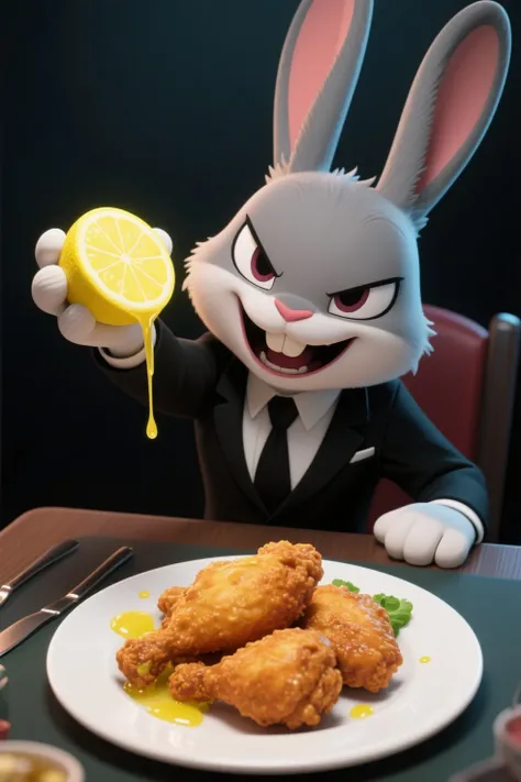 A rabbit with a wicked smile holds a lemon over a plate of fried chicken on the table. The juice drips onto the fried chicken. The rabbit is wearing a black suit like a gangster. 2.5D anime style. from below. perspective. cinematic lighting.