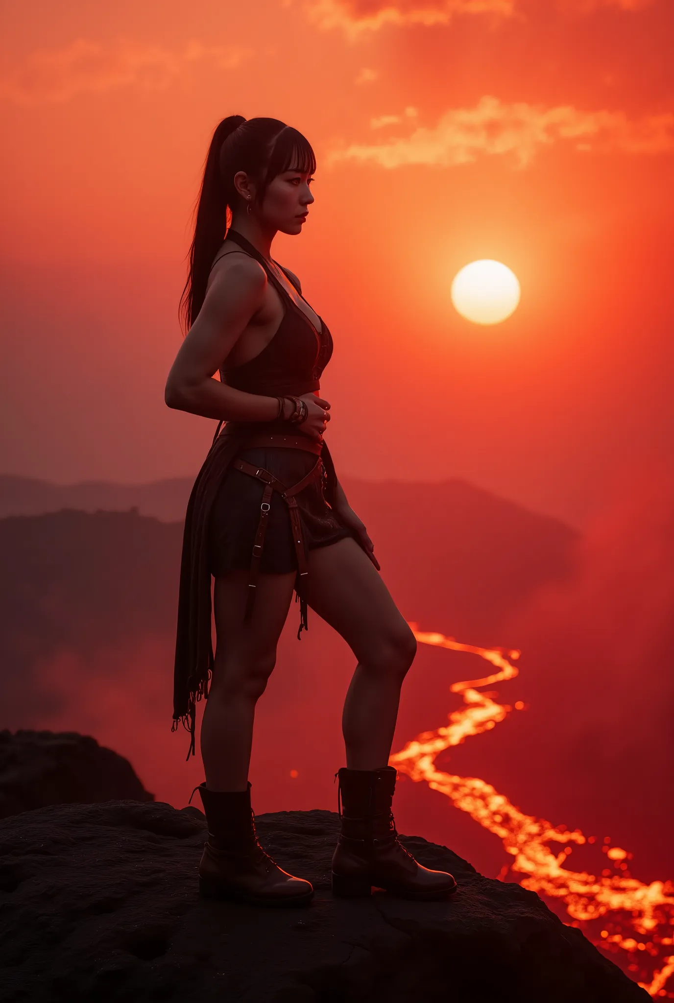 A photorealistic Japanese gravure model, standing profile view on a volcanic cliff, bathed in dramatic red-orange backlight from molten lava below. She’s dressed in rugged leather straps and tribal cloth, standing tall with hands on hips, one foot forward....