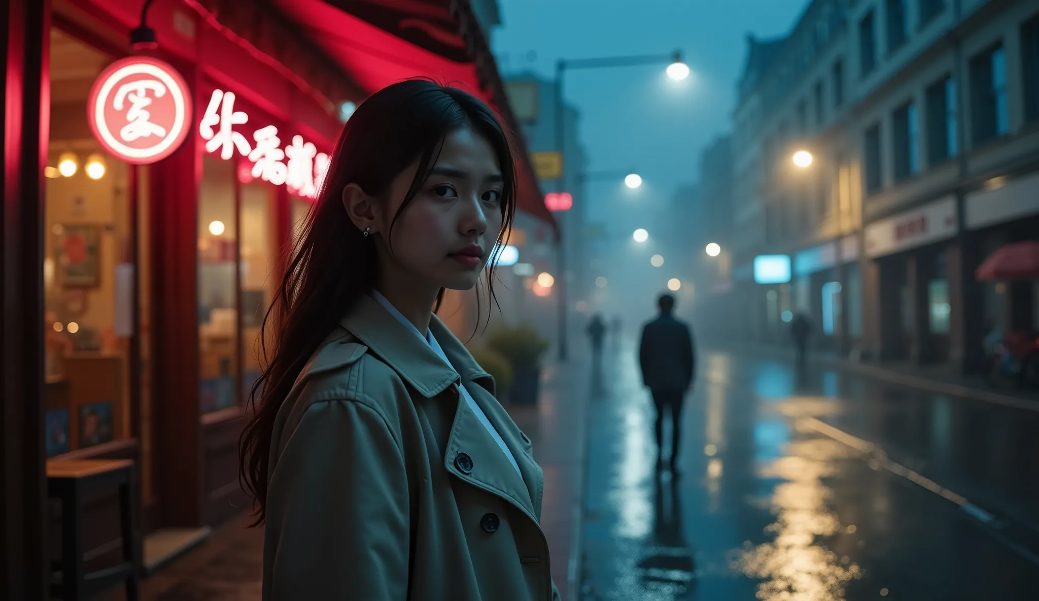 A lonely young Chinese woman stands under a flickering streetlamp on a quiet, rain-soaked city street at night. She’s in her late 20s, dressed in a light-colored trench coat, her long black hair slightly damp from the drizzle. Her expression is a blend of ...