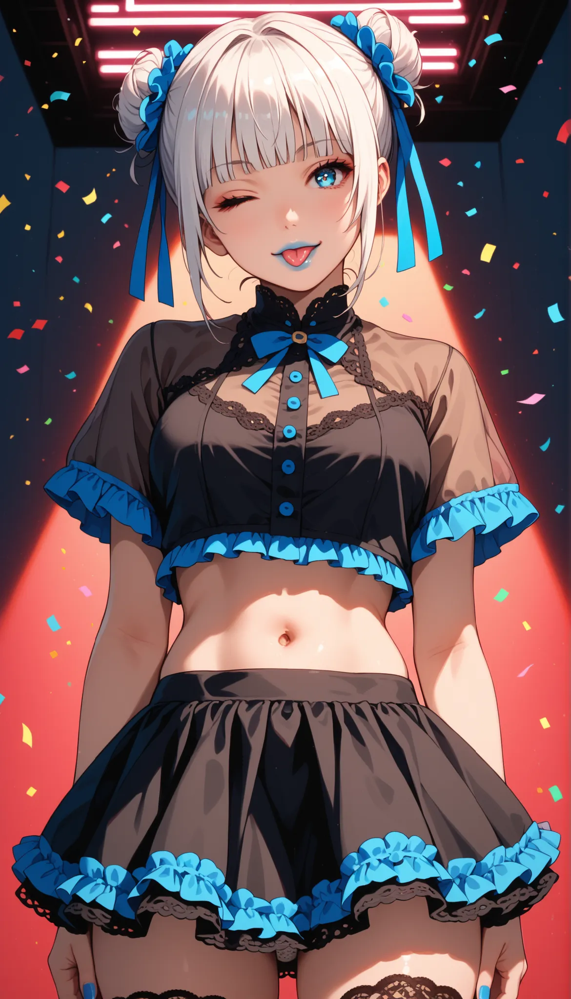 Score_9, score_8_up, score_7_up, score_6_up, source_anime, rating:general, 1girl, solo, kirari momobami, white hair, long Chinese flower buns, blunt bangs, blue eyes, Sanpaku eyes, pale skin, round face, cute face, slender build, medium sized breasts, perk...