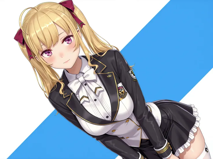 solo,masterpiece,best quality, amazing quality, highres, absurdres, very aesthetic, high resolution, ultra detailed, perfect details,nijirion,medium breasts,purple eyes,blonde hair,twintails,ahoge,hair ribbon,nijirioncos,white shirt,white bowtie,white jack...