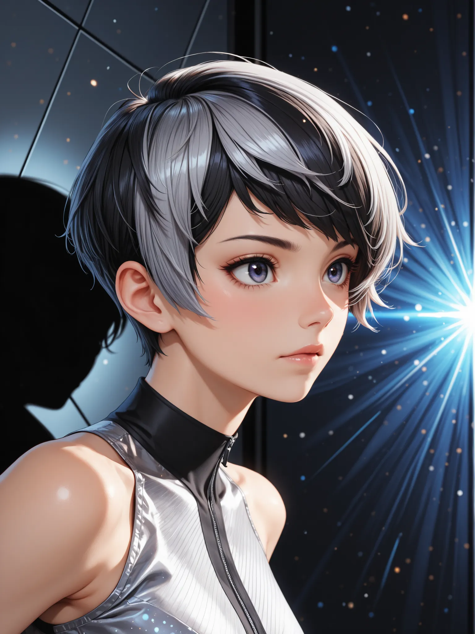 (extremely detailed CG unity 8k wallpaper, masterpiece, best quality, ultra-detailed), (best illumination, best shadow, an extremely delicate and beautiful), a cool, dynamic, and original young girl character with a (dynamic pose) and silver (pixie cut hai...
