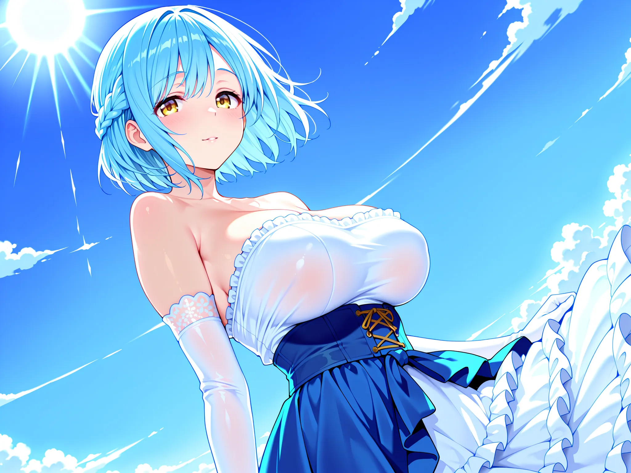 solo,masterpiece,best quality, amazing quality, highres, absurdres, very aesthetic, high resolution, ultra detailed, perfect details,nijimoira,large breasts,yellow eyes,blue hair,round face,tareme,short hair,french braid,white dress,long dress,frills,frill...