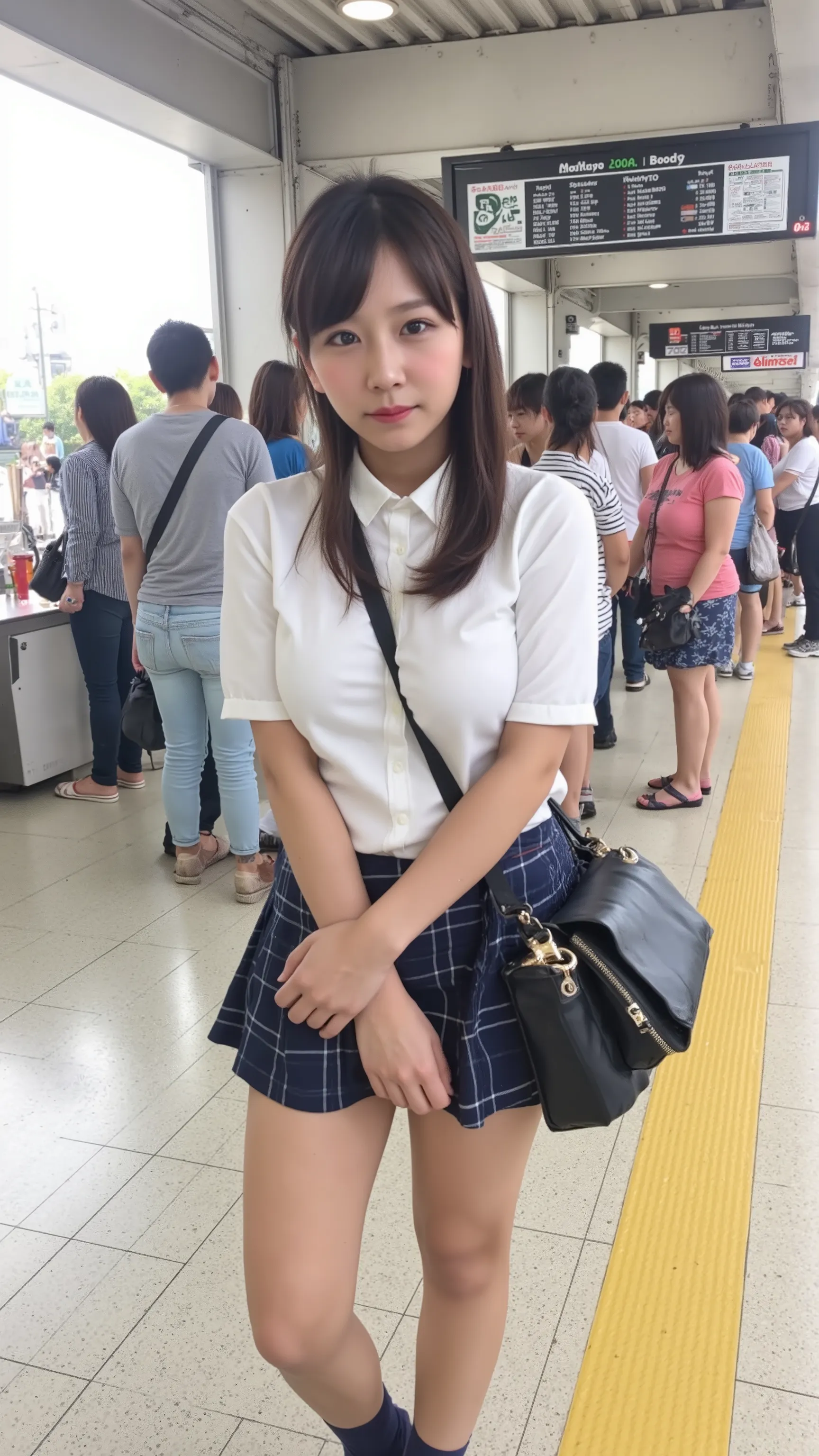 A photorealistic image of a Japanese high school girl standing on a crowded Tokyo train station platform during morning rush hour. She has a blank expression and is facing the viewer directly. She is wearing a typical Japanese school uniform: a short-sleev...