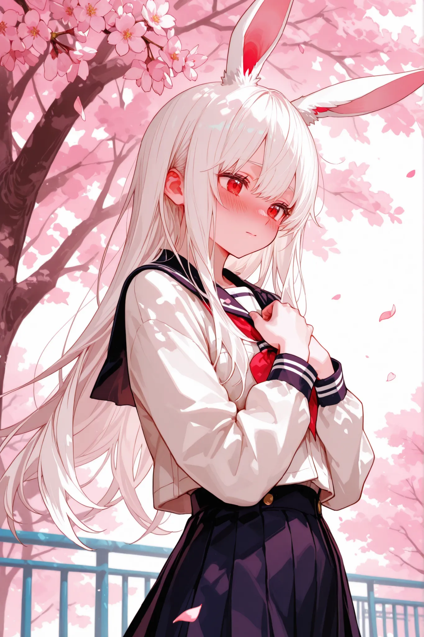 Anime girl with white hair and rabbit ears,red eyes,blushing,school uniforms,long hair flowing,Hands crossed on chest,standing under a cherry blossom tree,A gentle breeze,Pink petals falling,The background is the campus playground in the afternoon,Sunny,Hi...