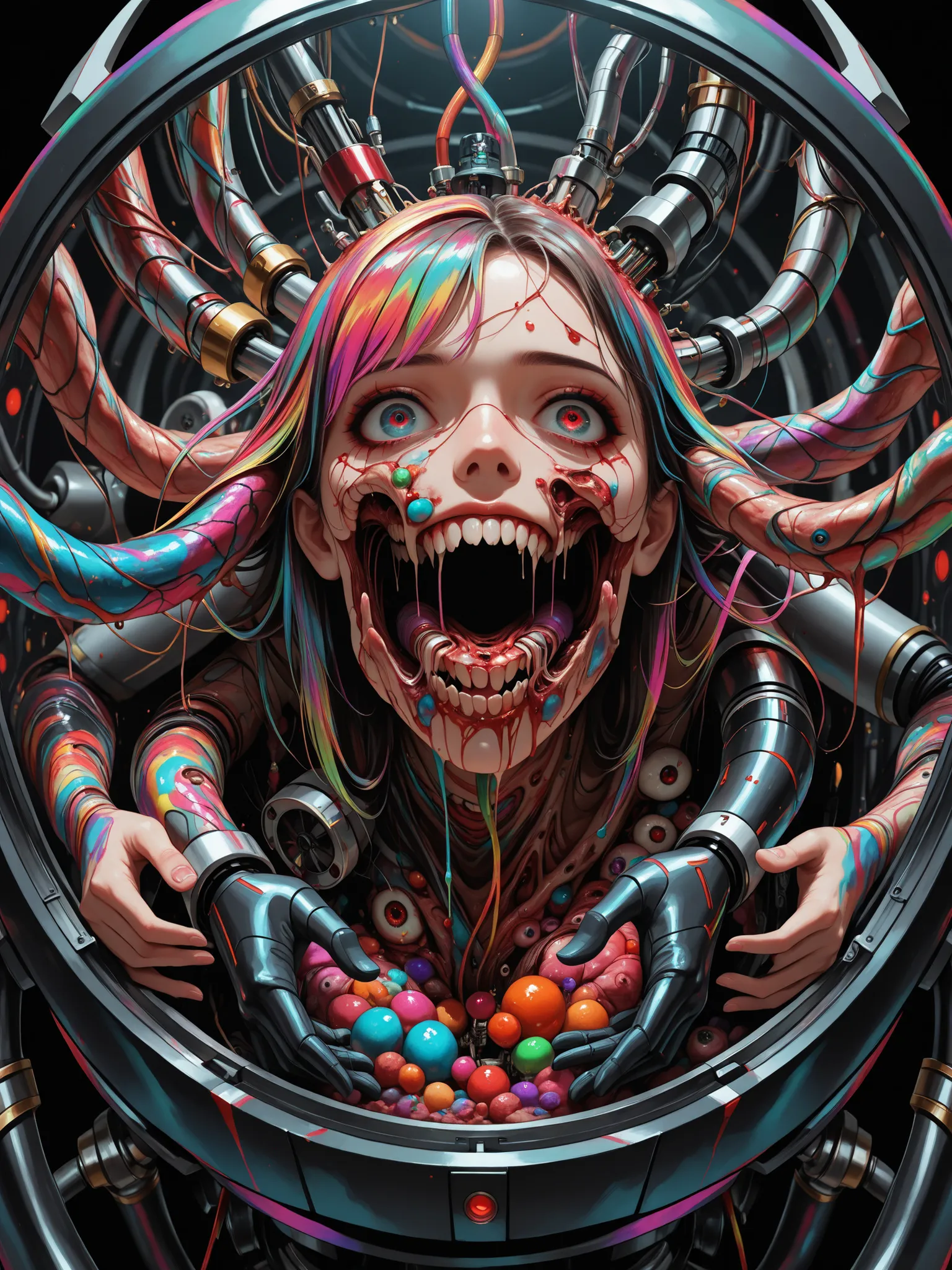 (masterpiece, best quality: 1.2), ultra detailed, highest detail, (body horror: 1.4), (biomachine: 1.3), (bloody: 1.2), living being, (colorful: 1.2), satanic, (machine: 1.3), Hans Giger, many hands, (zentangle: 1.2), black color scheme