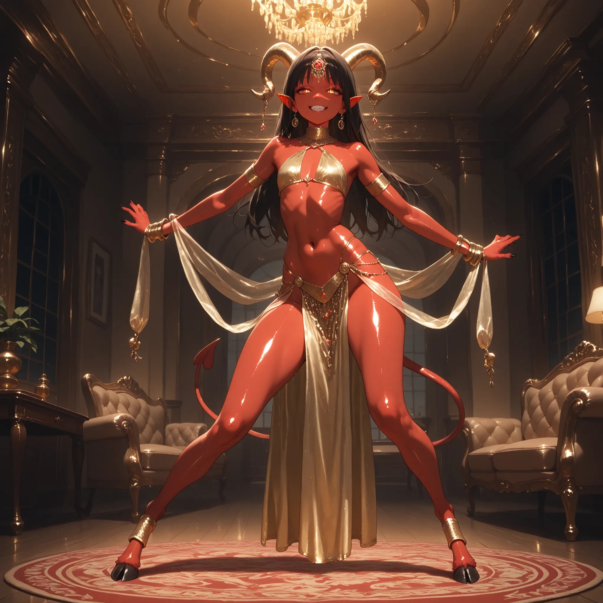 Full body red skin succubus, flat chest, recurved legs, hooves, eastern dancer dress, in ritual circus, living room