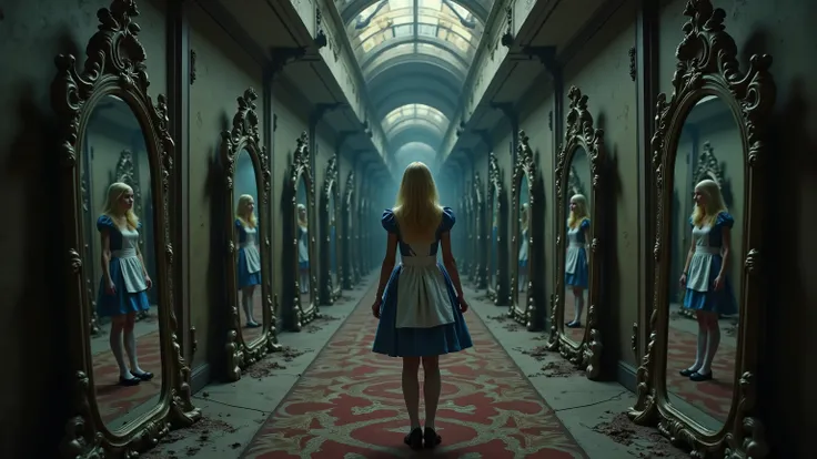 The Twisted Corridor of Reflections: The image transitions to show Kayla1 as Alice standing within the VR world at the beginning of a bizarre corridor. This corridor is lined with ornate mirrors that severely distort her image as she looks into them. The e...