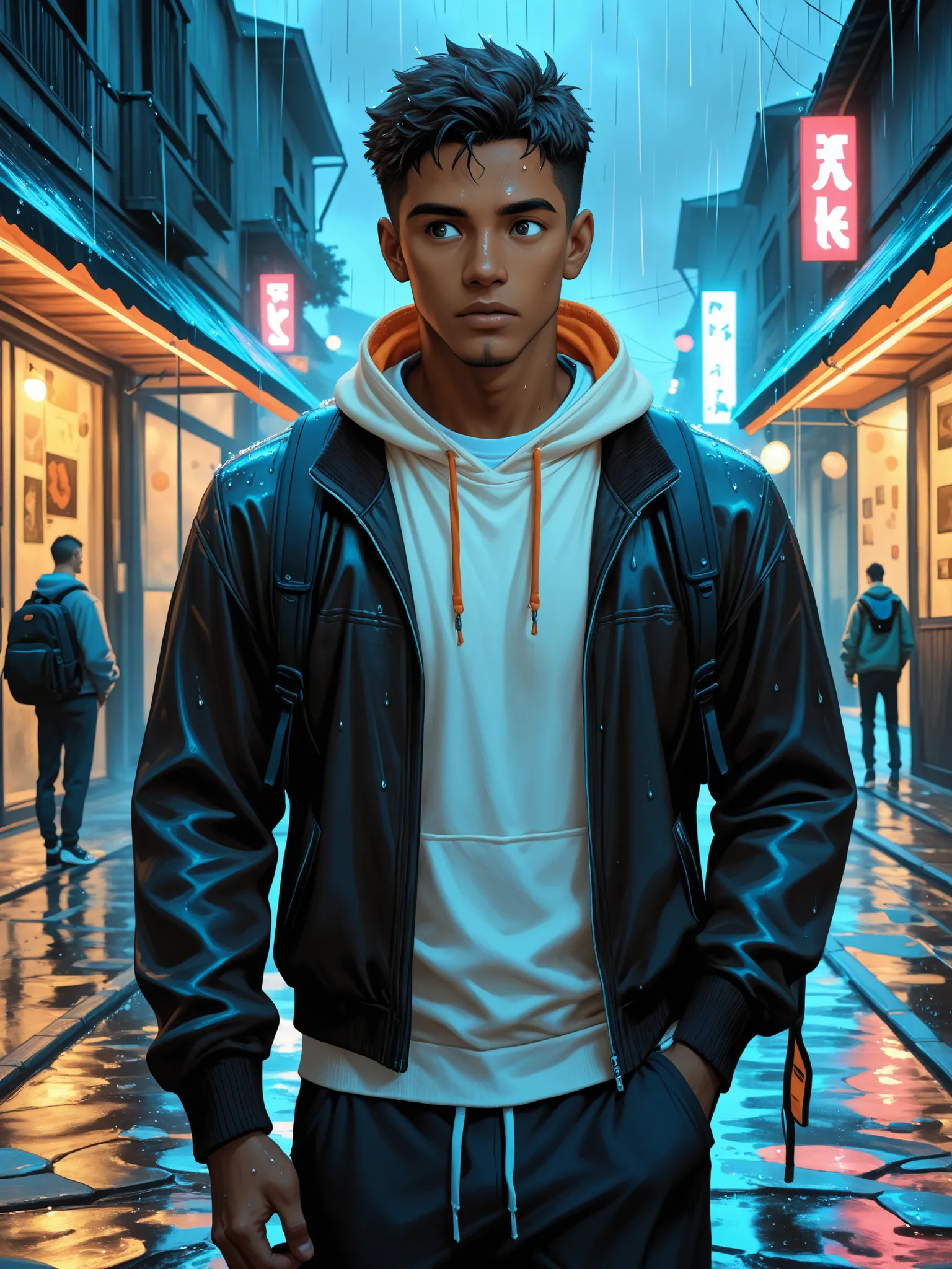 1boy, jacket, rain, outdoor, sweatshirt, open jacket, chain, backpack, looking at other, hair split in middle, tanned skin, boy gender, boy focus, trend in artstation, 8k resolution, highly detailed, anatomically correct, sharp image, digital painting, con...